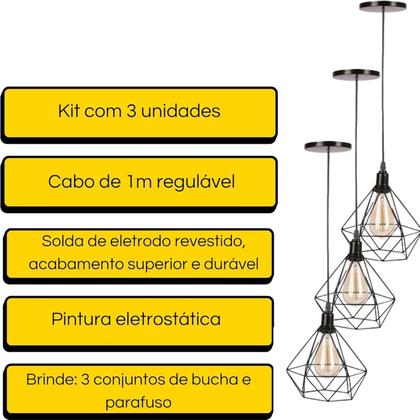 Imagem de Kit Com 3 Luminárias Pendente Tipo Diamante Aço Modelo Teto (Preto)