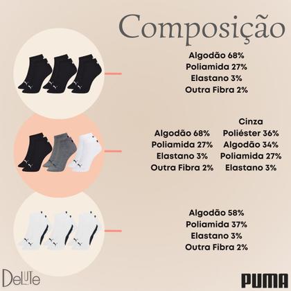 Imagem de Kit com 3 Meias Esportiva Puma Cano Baixo Lisa Modelo Sapatilha Sport Calcanhar Verdadeiro Adulto