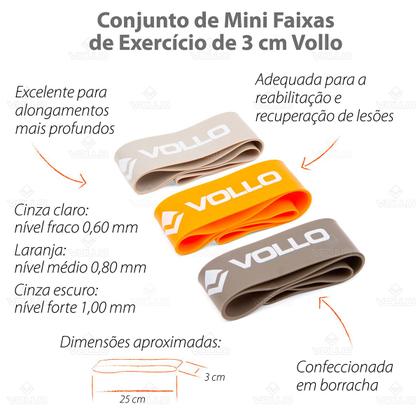 Imagem de Kit com 3 Mini Faixas Elásticas de Exercícios Bands Treino Funcional Níveis Fraco Médio Forte Vollo