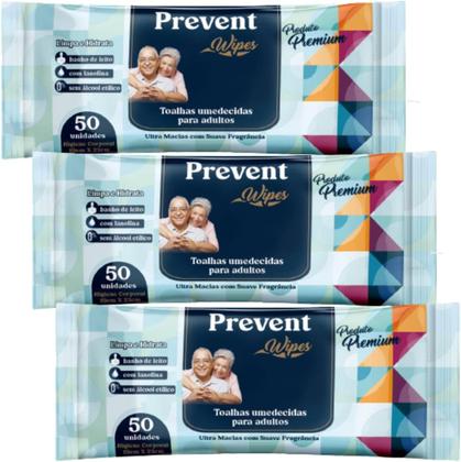 Imagem de KIT com 3 Pacotes Toalhas umedecidas Lenços Adulto Prevent Wipes 50 unidades Geriátrica TOTAL 150 un