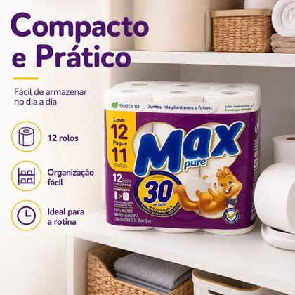 Imagem de Kit com 3 Papeis Higiênico Folha Dupla Macio 30m Neutro Max Pure 12 Unidades Rolos