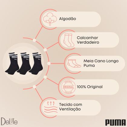 Imagem de Kit com 3 Pares de Meias Esportiva Listrada Modelo Cano Longo Puma Sport Calcanhar Verdadeiro Básic
