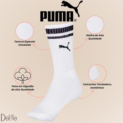 Imagem de Kit com 3 Pares de Meias Esportiva Listrada Modelo Cano Longo Puma Sport Calcanhar Verdadeiro Básic