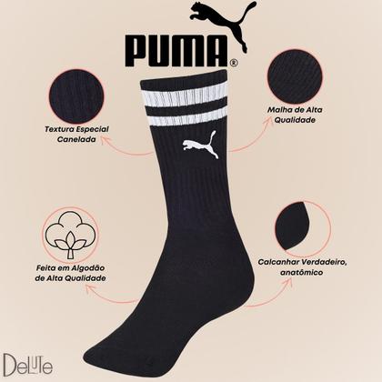 Imagem de Kit com 3 Pares de Meias Esportiva Listrada Modelo Cano Longo Puma Sport Calcanhar Verdadeiro Básic