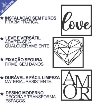 Imagem de Kit com 3 Quadrinhos Para Todo Sempre Love, Coração Geométrico e Amor  Frase Religiosa de Parede  em Mdf Preto e Fita 3M Para Instalação