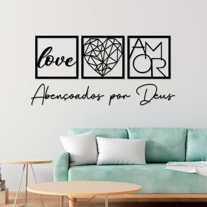 Imagem de Kit com 3 Quadros Decorativos + Frase Abençoados por Deus - Decoração para Sala e Quarto em mdf