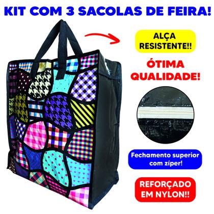 Imagem de Kit com 3 Sacolas Bolsa Nylon Feira Média Sacoleira Mudança com Zíper