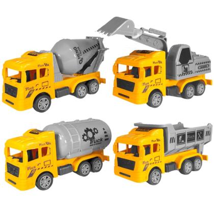 Imagem de kit com 4 Carrinhos Caminhões de Construção Obras Educativos Brinquedo de Fricção