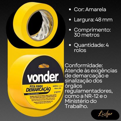 Imagem de Kit Com 4 Fitas Adesivas Para Demarcação 48mmx30m Amarela - Vonder
