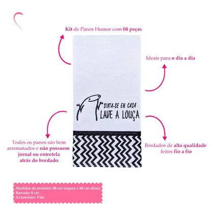 Imagem de Kit com 4 Panos de Prato Bordado Memes Humor Bento Florks