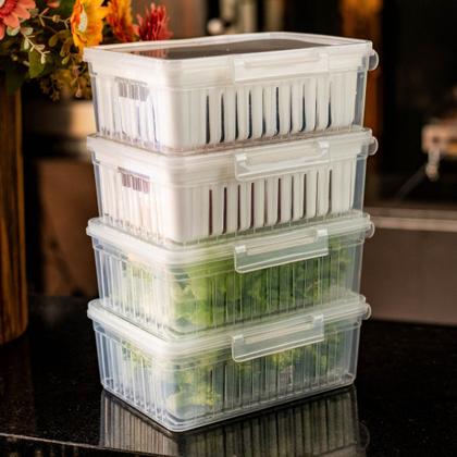 Imagem de Kit com 4 Potes Escorredor Organizadores de Geladeira com Tampa para Frutas Legumes e Verduras