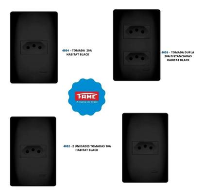 Imagem de Kit Com 4 Tomadas Preta 2P+T 10A e 20A 250V com placa Habitat Black - Fame