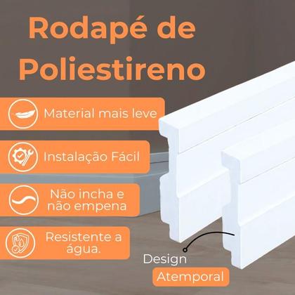 Imagem de Kit com 5 Barras de Rodapé de Poliestireno Frisado - Branco - 5cm Altura (5x1x240cm)