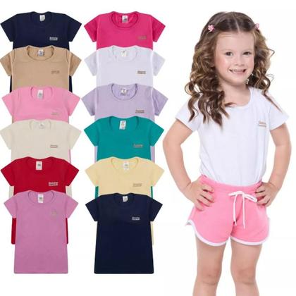 Imagem de Kit com 5 Blusas Infantil para bebê Manga Curta Moda Infantil Feminina Lisa Básica bebê Colorida