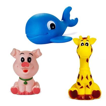 Imagem de Kit Com 5 Brinquedos De Vinil Para Bebê Maralex - Porco, Cachorro, Tigre, Baleia e Girafa