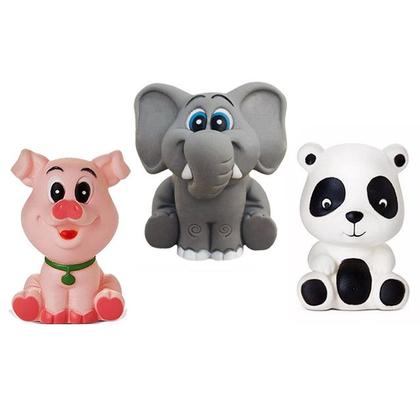 Imagem de Kit Com 5 Brinquedos De Vinil Para Bebê Maralex - Porco, Elefante, Cachorro, Carro e Panda