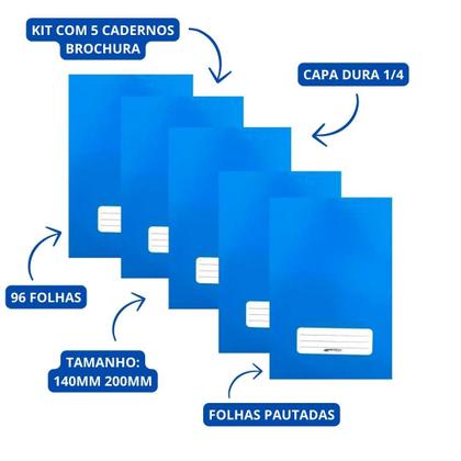 Imagem de Kit com 5 Cadernos Brochura Capa Dura 1/4 Azul com 96 Folhas Costurado - Brimpress