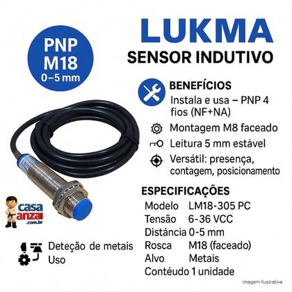 Imagem de Kit com 5 lukma sensor indutivo lm18-3005pc 6-36vdc (faceado) pnp (37003)