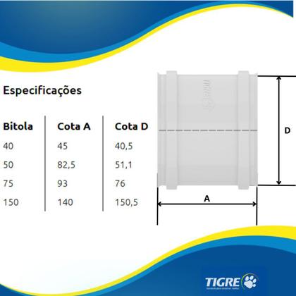 Imagem de Kit Com 5 Luva De Correr PVC Branca Sem Aneis Tubos Água Esgoto De 1.1/2” Polegadas 40mm Tigre