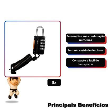Imagem de Kit com 5 papaiz cadeado segredo cs25 preto com cabo