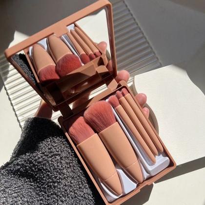 Imagem de Kit com 5 Pincéis com Estojo e Espelho Fácil de Transportar Rosa para Maquiagem