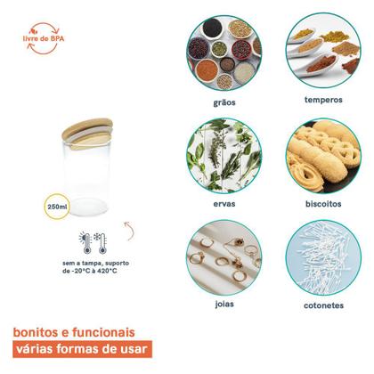 Imagem de Kit com 5 Potes Herméticos de Vidro com Tampa de Bambu 250mL - Oikos