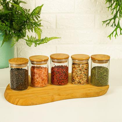 Imagem de Kit com 5 Potes Herméticos de Vidro com Tampa de Bambu 250mL - Oikos