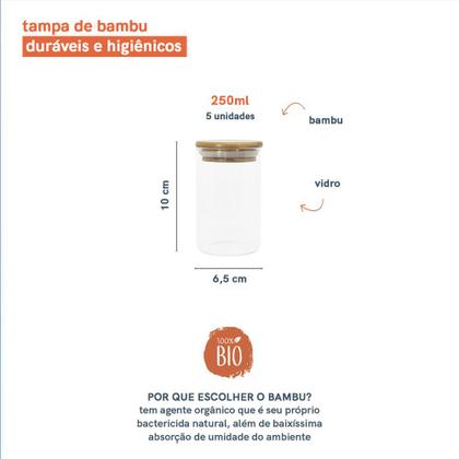 Imagem de Kit com 5 Potes Herméticos de Vidro com Tampa de Bambu 250mL - Oikos