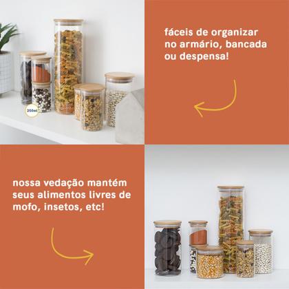 Imagem de Kit com 5 Potes Herméticos de Vidro com Tampa de Bambu 250mL - Oikos