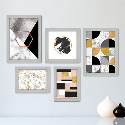 Imagem de Kit Com 5 Quadros Decorativos - Abstrato Ouro Geometrico - 028kq01b