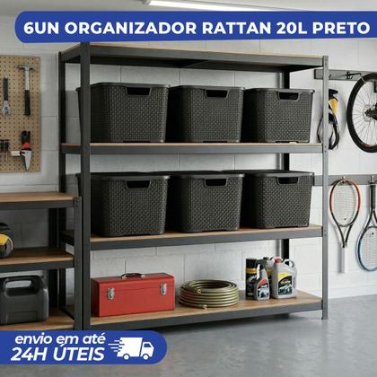 Imagem de Kit Com 6 Cesto Caixa Organizadora Rattan 20 L Preto Com Tampa Arqplast