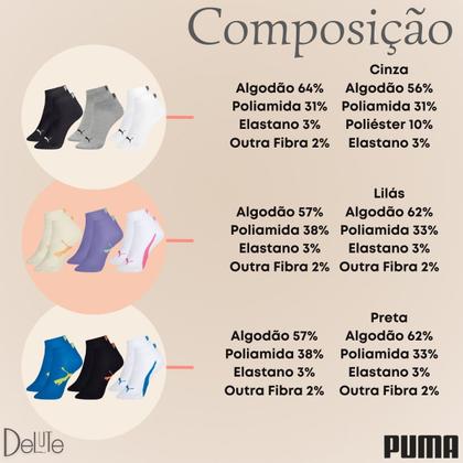 Imagem de Kit com 6 Meias Esportiva Puma Infantil Cano Baixo Sport Calcanhar Verdadeiro Lisa Modelo Sapatilha