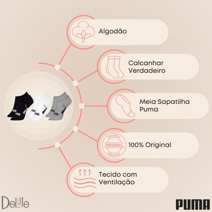 Imagem de Kit com 6 Pares de Meias Adulto Puma Modelo Sapatilha Calcanhar Verdadeiro Lisa Básica Esportiva