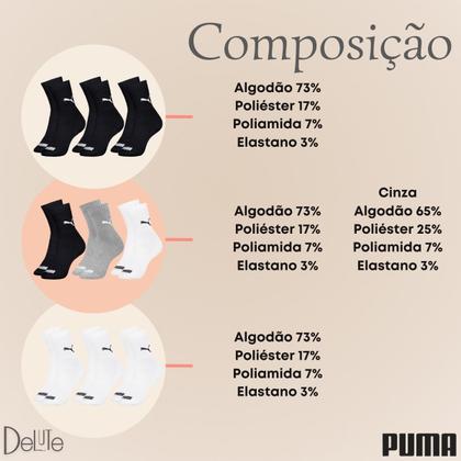 Imagem de Kit com 6 Pares de Meias Puma Modelo Cano Médio Lisa Básica Esportiva Calcanhar Verdadeiro Sport