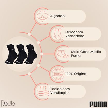Imagem de Kit com 6 Pares de Meias Puma Modelo Cano Médio Lisa Básica Esportiva Calcanhar Verdadeiro Sport