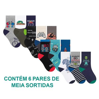 Imagem de Kit Com 6 Pares Meias Infantil Selene Estampada Calcanhar Verdadeiro