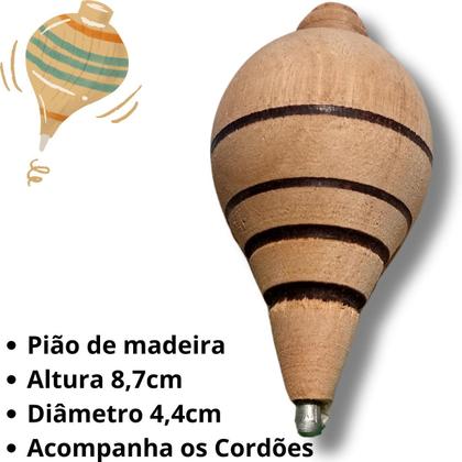 Imagem de Kit Com 6 Piões Madeira Com Ponta Arredondada Brinquedo Antigo Retrô Acompanha Fieira Clássico Divertido Festa Junina Brincadeiras