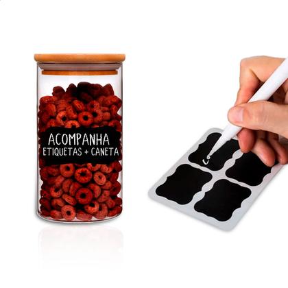 Imagem de Kit com 6 Potes 200ml de Vidro Herméticos Organizadores de Cozinha Tampa Bambu Etiqueta e Caneta