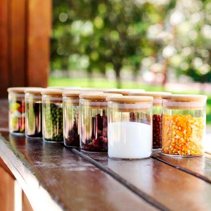 Imagem de Kit com 6 Potes 200ml de Vidro Herméticos Organizadores de Cozinha Tampa Bambu Etiqueta e Caneta