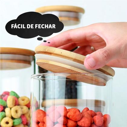 Imagem de Kit com 6 Potes 200ml de Vidro Herméticos Organizadores de Cozinha Tampa Bambu Etiqueta e Caneta