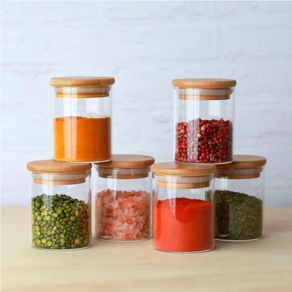 Imagem de Kit com 6 Potes 200ml de Vidro Herméticos Organizadores de Cozinha Tampa Bambu Etiqueta e Caneta
