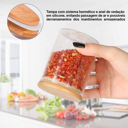 Imagem de Kit com 6 Potes 200ml de Vidro Herméticos Organizadores de Cozinha Tampa Bambu Etiqueta e Caneta