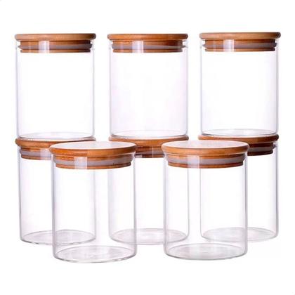 Imagem de Kit com 6 Potes 200ml de Vidro Herméticos Organizadores de Cozinha Tampa Bambu Etiqueta e Caneta