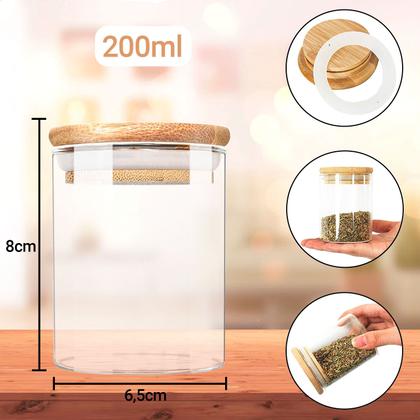 Imagem de Kit com 6 Potes 200ml de Vidro Herméticos Organizadores de Cozinha Tampa Bambu Etiqueta e Caneta