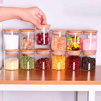 Imagem de Kit com 6 Potes 200ml de Vidro Herméticos Organizadores de Cozinha Tampa Bambu Etiqueta e Caneta