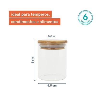 Imagem de Kit com 6 Potes de Vidro para Mantimentos com Tampa de Bambu 200mL - Oikos