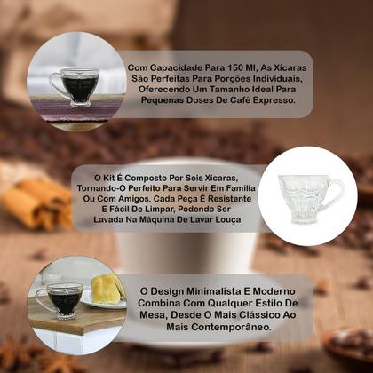 Imagem de Kit Com 6 Xícaras Personalizada De Vidro Para Café Coffee Cappuccino Expresso Decoração Relevo 150ml