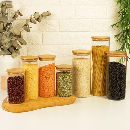 Imagem de Kit com 7 Potes de Vidro para Mantimentos com Tampa Bambu - Oikos