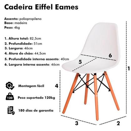 Imagem de Kit com 8 Cadeiras Eiffel Charles Eames DKR Base de Madeira, Cor Branca