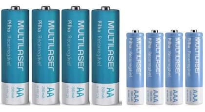 Imagem de Kit Com 8 Pilhas Sendo 4 AA e 4 AAA Recarregáveis + Carregador Multilaser